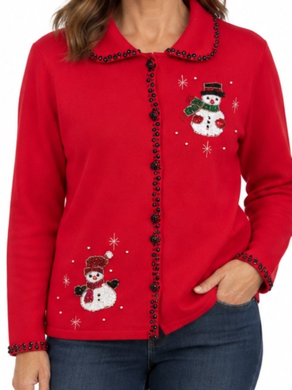Hampshire Studio Snow Christmas Snowman Sequin Cardigan Sweater Red